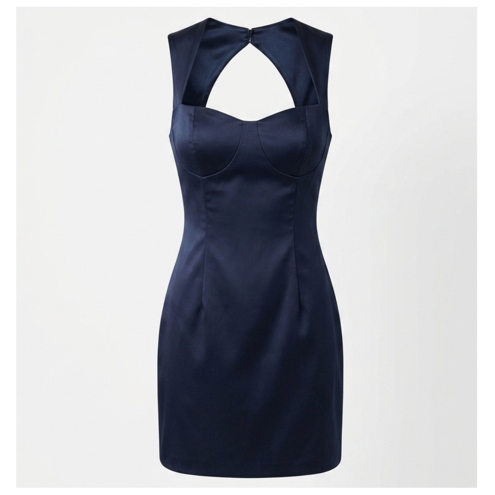 Sherri Hill Satin Mini Dress Navy Blue Open Back Square Neck Sleeveless Size 2